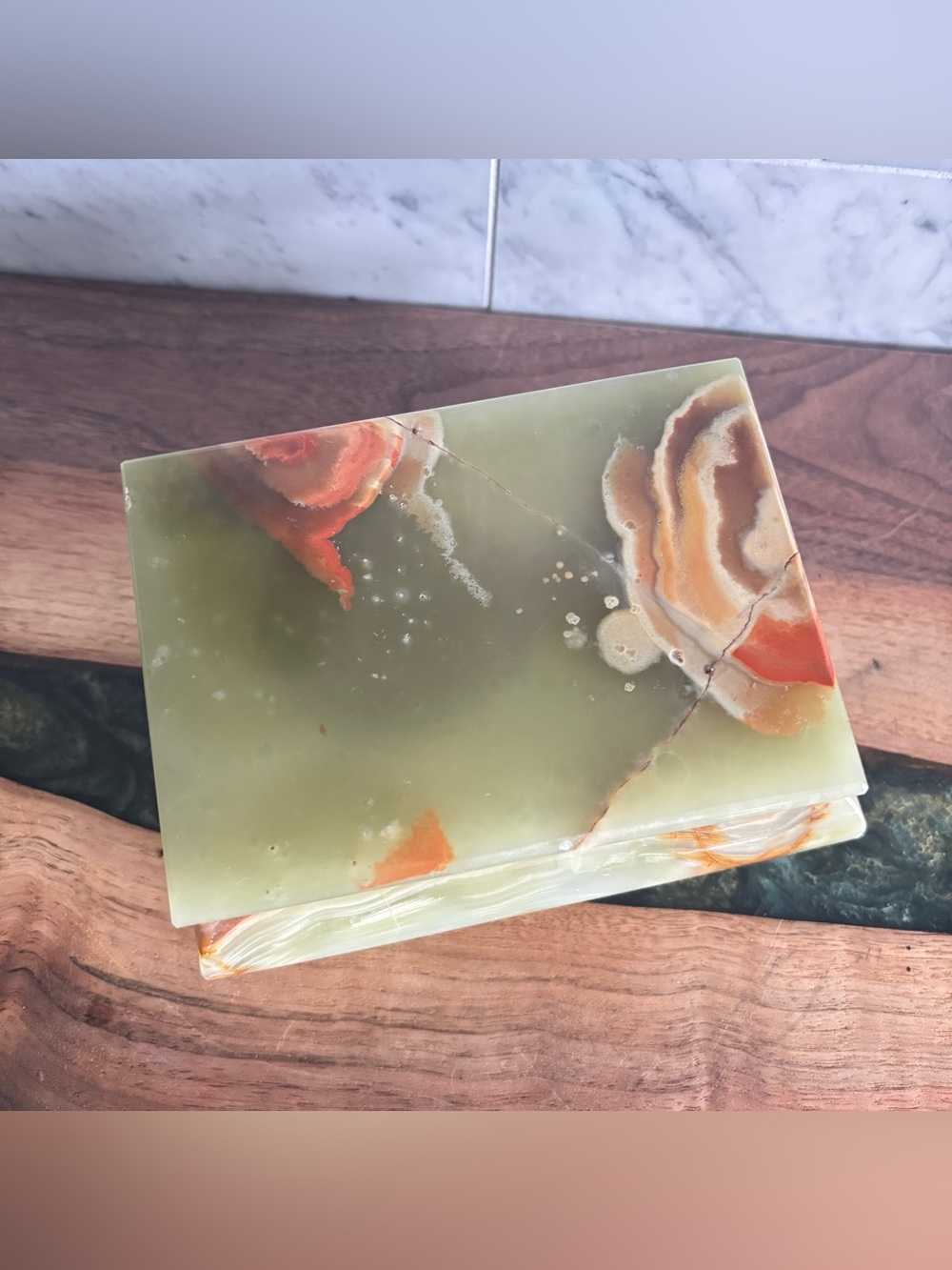 Vintage Green and Brown Marble Onyx Stone and Brass Footed Jewelry Trinket Box - Picture 8 of 12